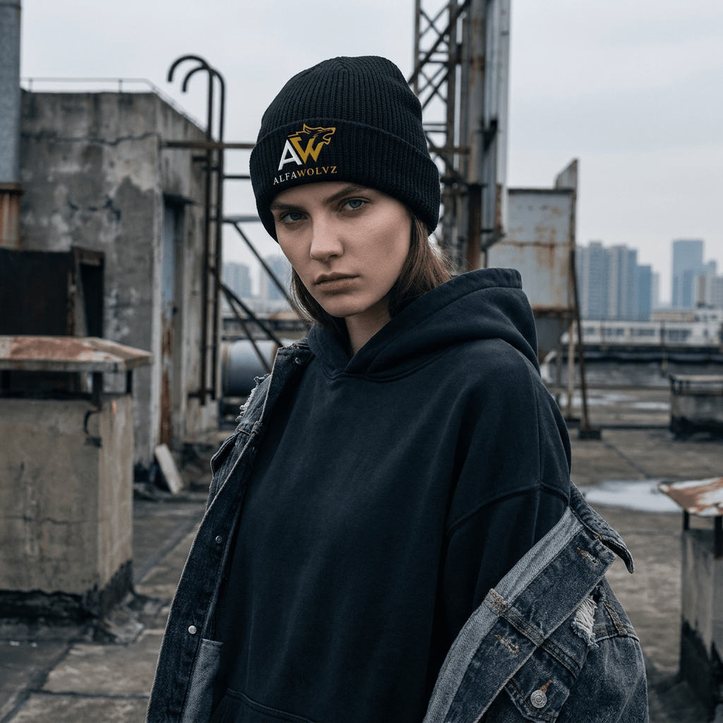 Cable Beanie with Red Logo - Alfawolvz