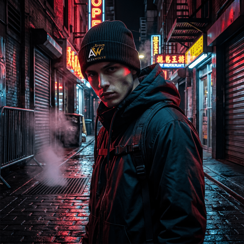 Cable Beanie with Red Logo - Alfawolvz