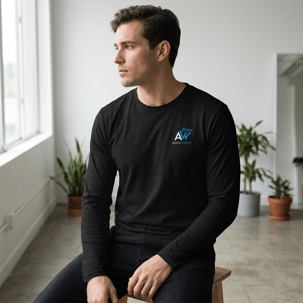 Men's 190gsm Long Sleeve Cotton T-Shirt – Blue Logo - Alfawolvz